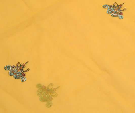 Sushila Vintage Yellow Sari Remnant Scrap Georgette Embroidered Craft Fabric
