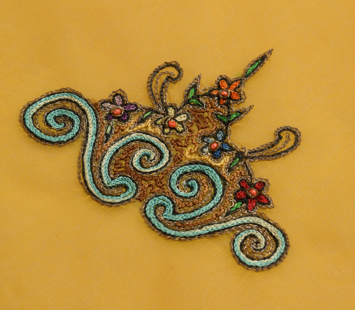 Sushila Vintage Yellow Sari Remnant Scrap Georgette Embroidered Craft Fabric