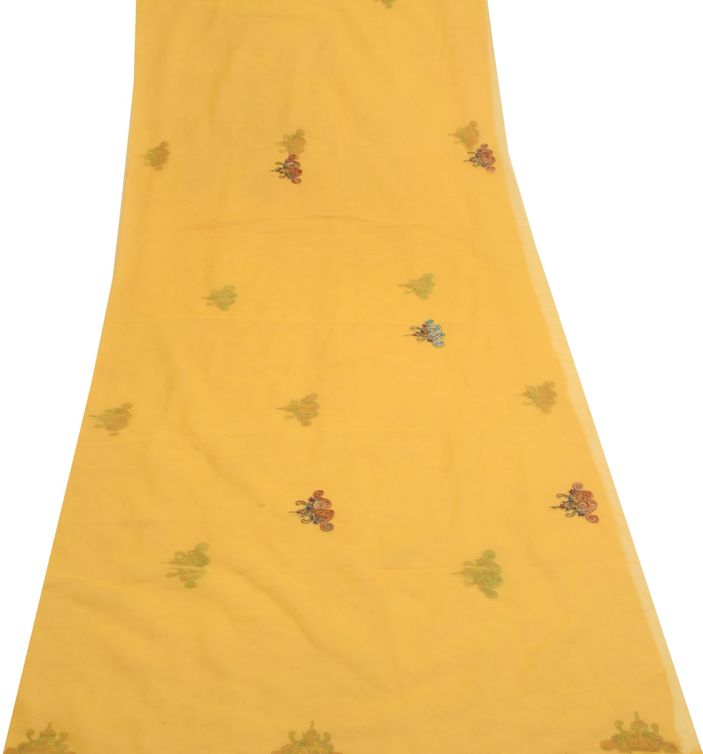 Sushila Vintage Yellow Sari Remnant Scrap Georgette Embroidered Craft Fabric