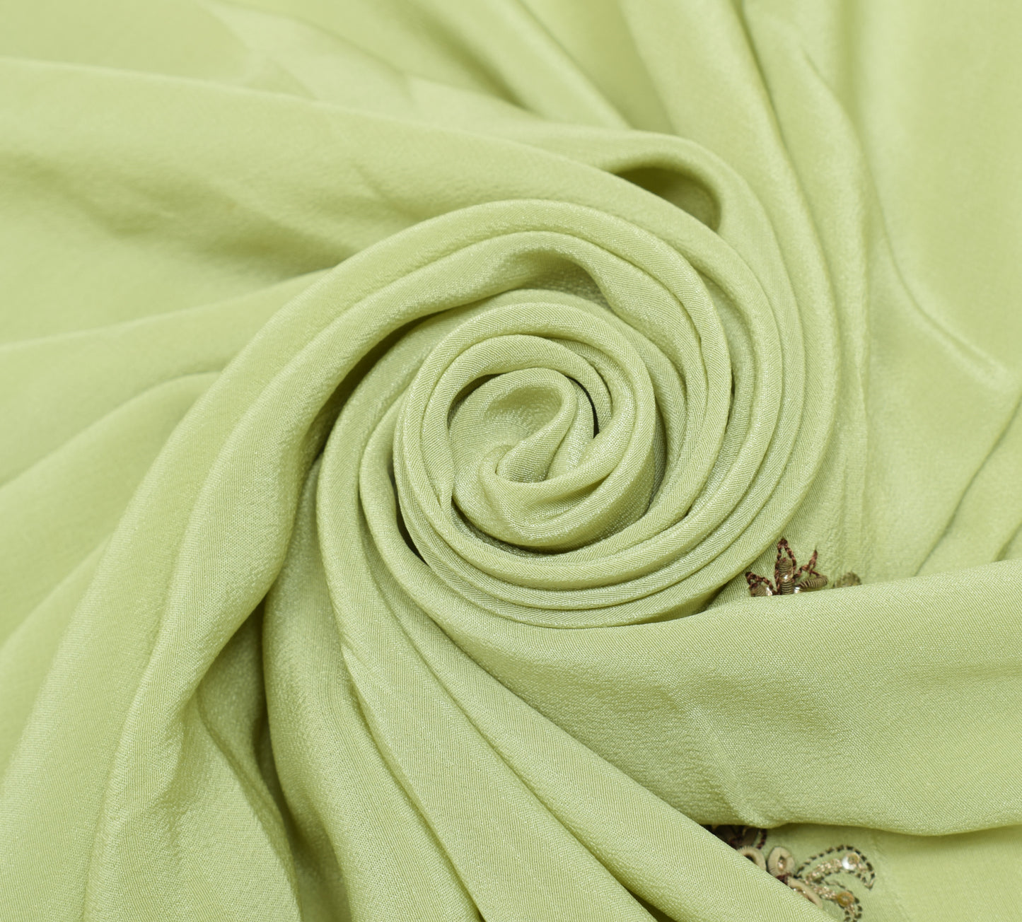 Sushila Vintage Green Crepe Silk Sari Remnant Scrap Embroidered Craft Fabric