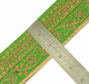 Sushila Vintage Green Sari Border Indian Craft Sewing Trim Embroidered Lace