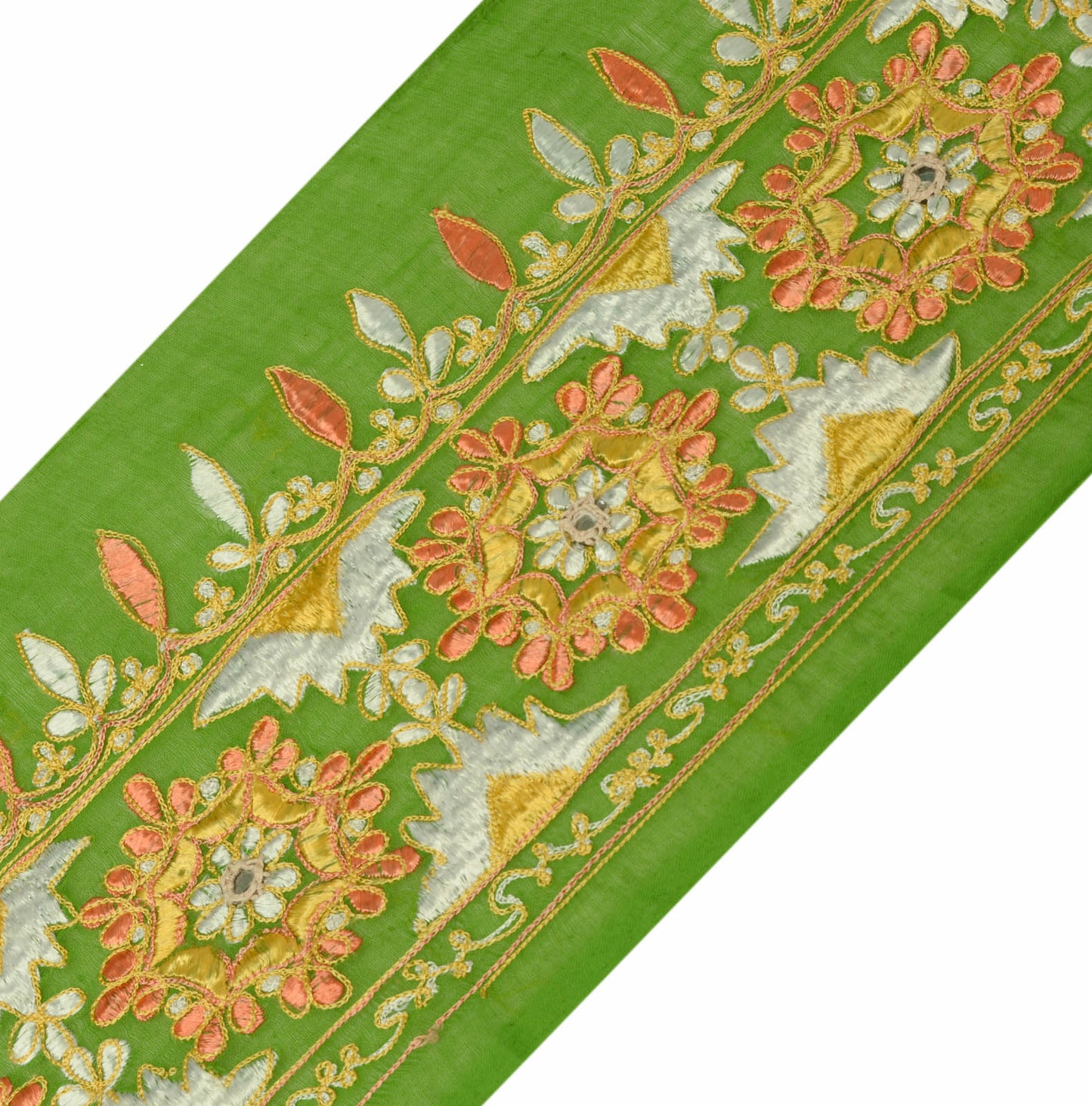 Sushila Vintage Green Sari Border Indian Craft Sewing Trim Embroidered Lace