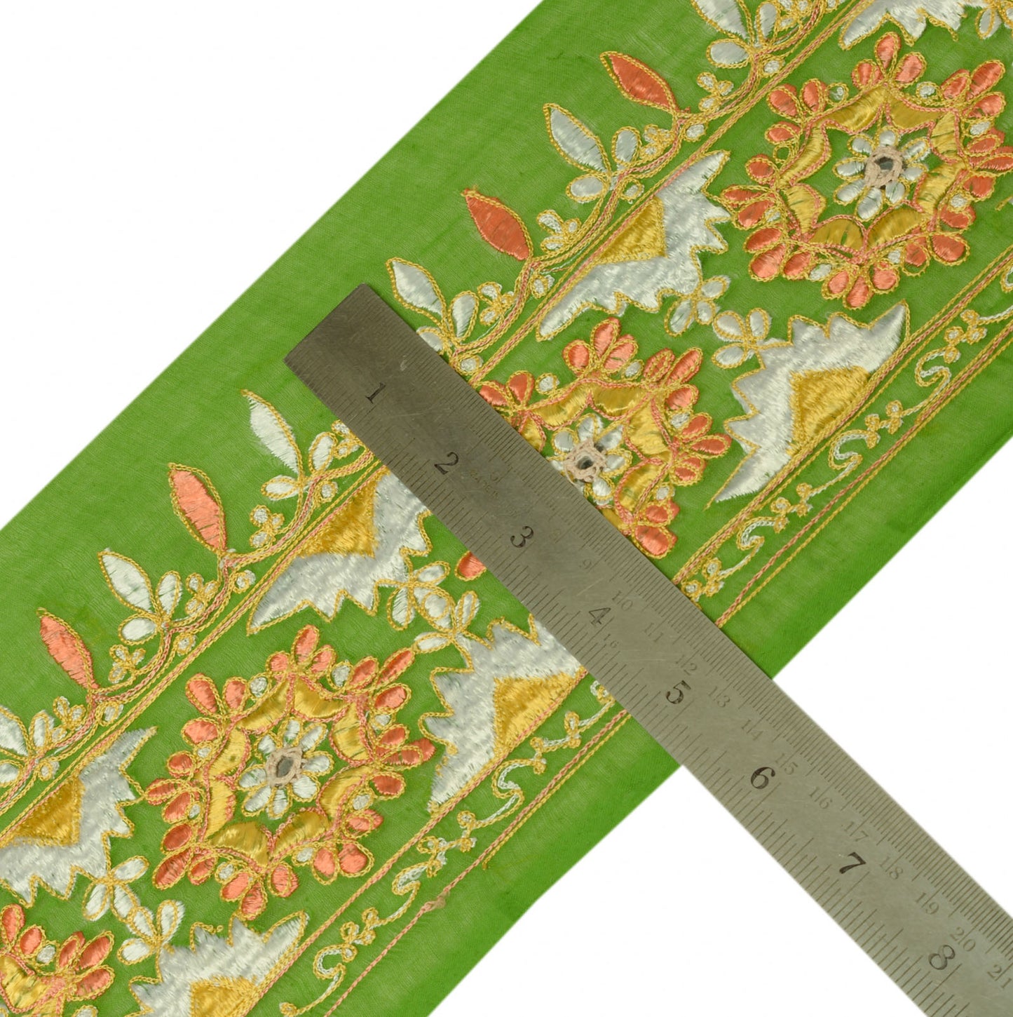 Sushila Vintage Green Sari Border Indian Craft Sewing Trim Embroidered Lace