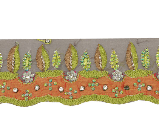Sushila Vintage Gray Saree Border Indian Craft Sewing Trim Embroidered Lace