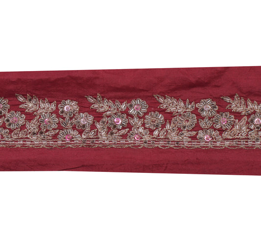 Sushila Vintage Maroon Saree Border Indian Craft Sewing Trim Hand Beaded Lace
