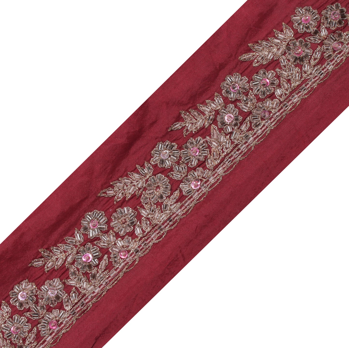 Sushila Vintage Maroon Saree Border Indian Craft Sewing Trim Hand Beaded Lace