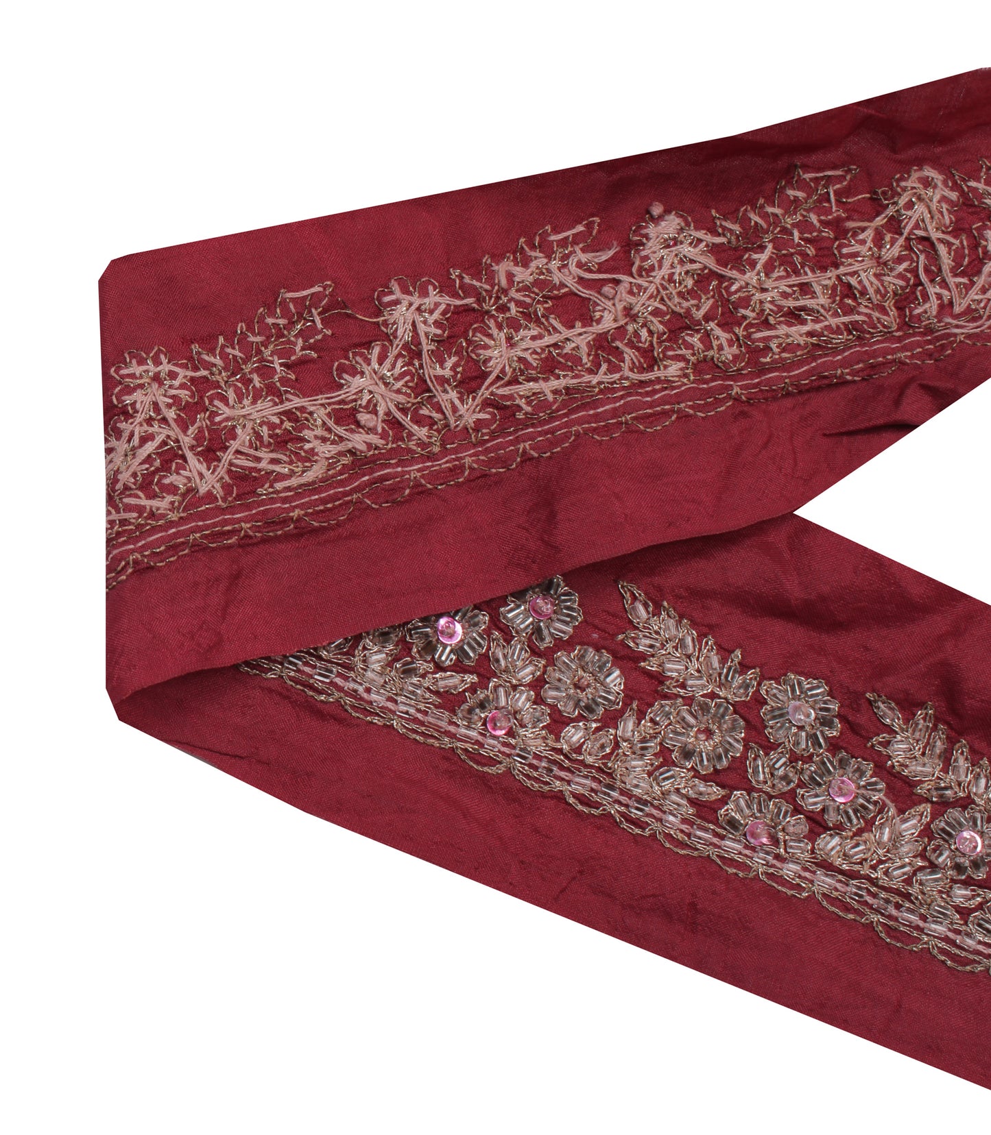 Sushila Vintage Maroon Saree Border Indian Craft Sewing Trim Hand Beaded Lace
