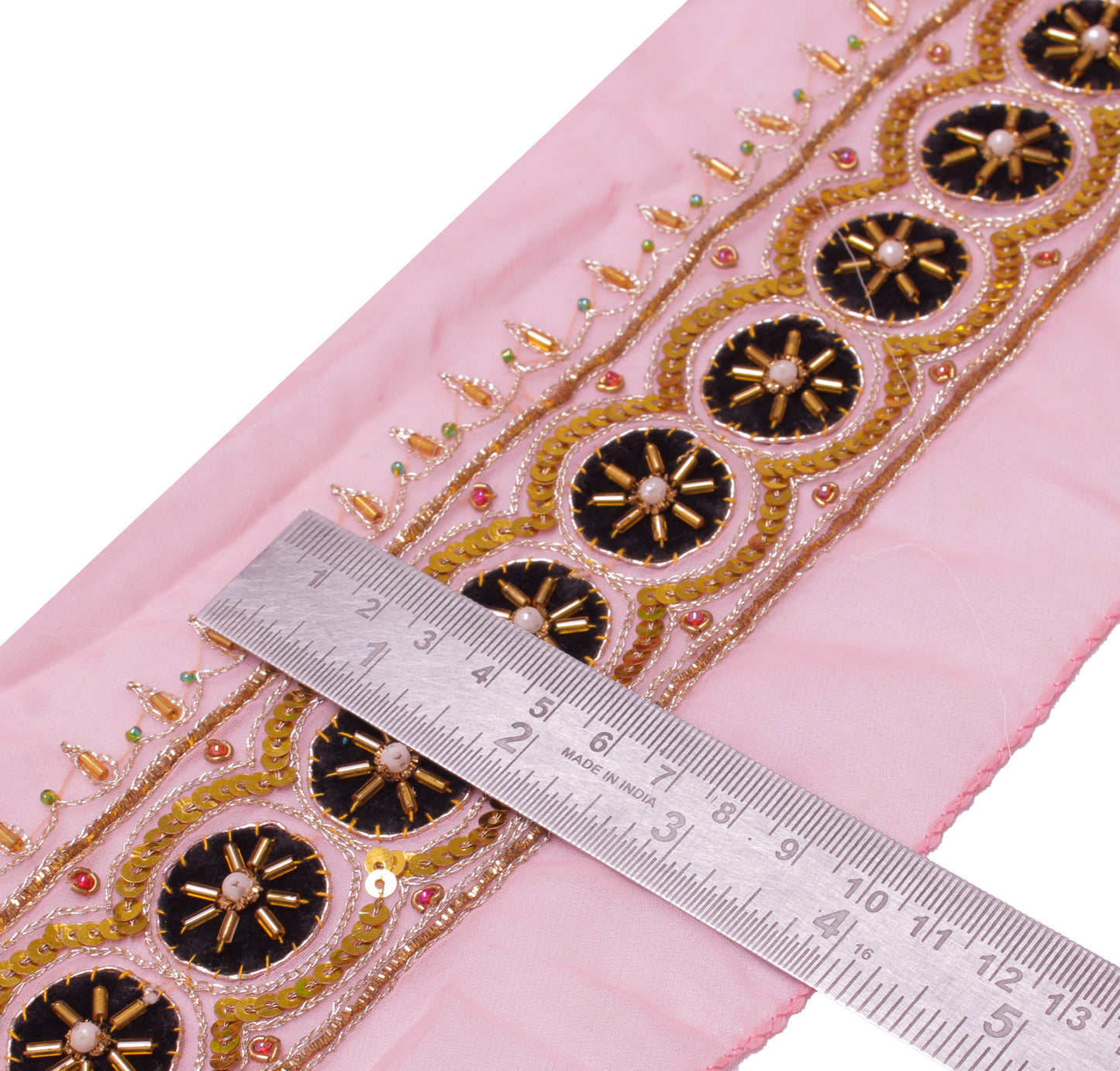 Sushila Vintage Pink Saree Border Indian Craft Sewing Trim Hand Beaded Lace
