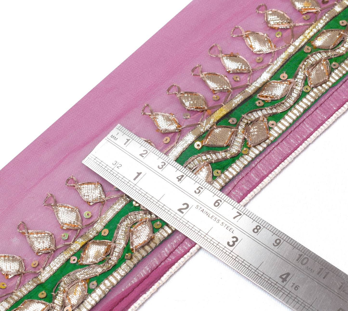 Sushila Vintage Pink Saree Border Indian Craft Sewing Trim Hand Beaded Ribbon