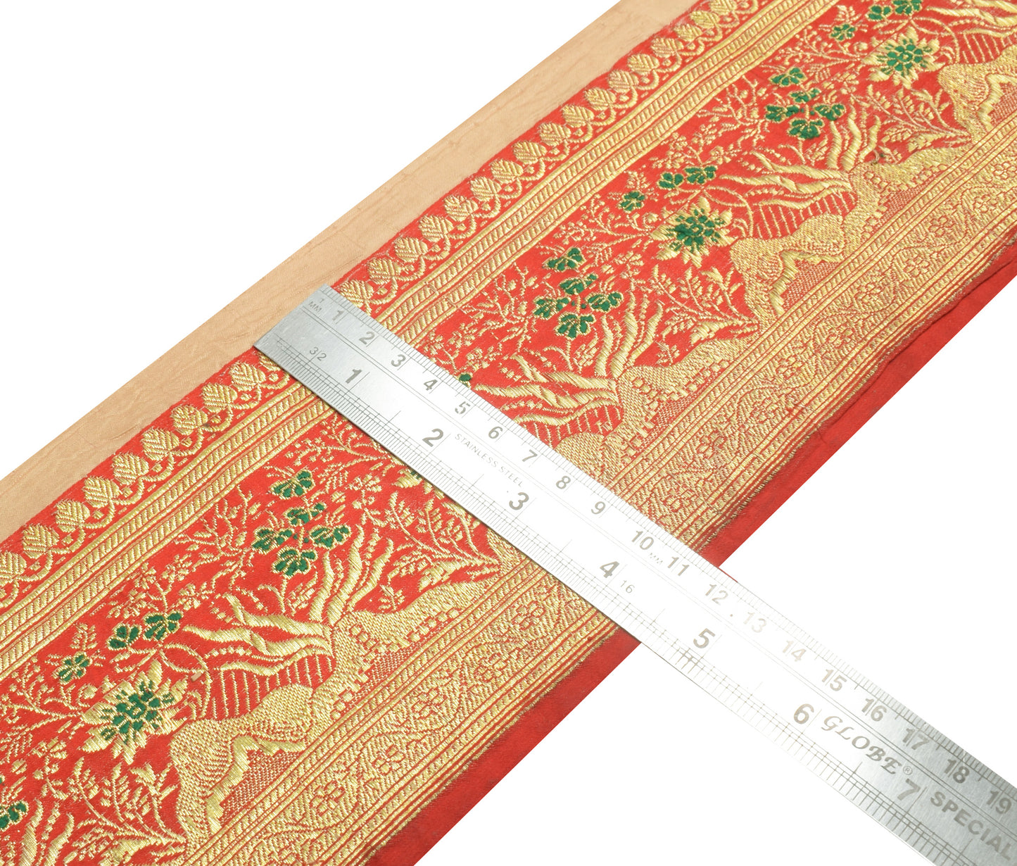 Sushila Vintage Red Banarasi Sari Border Indian Craft Sewing Trim Woven Lace
