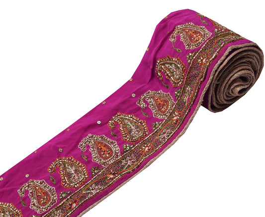 Sushila Vintage Magenta Saree Border Indian Craft Sewing Trim Hand Beaded Ribbon