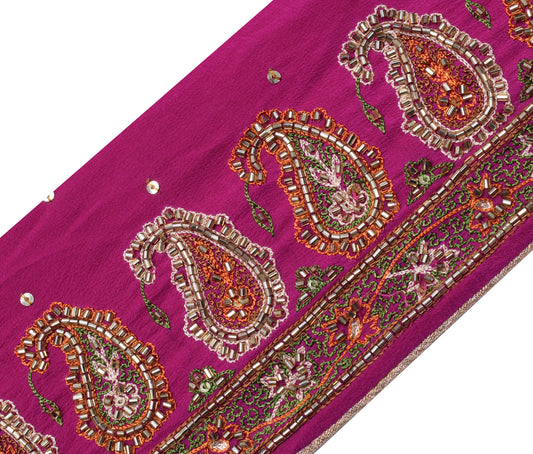 Sushila Vintage Magenta Saree Border Indian Craft Sewing Trim Hand Beaded Ribbon