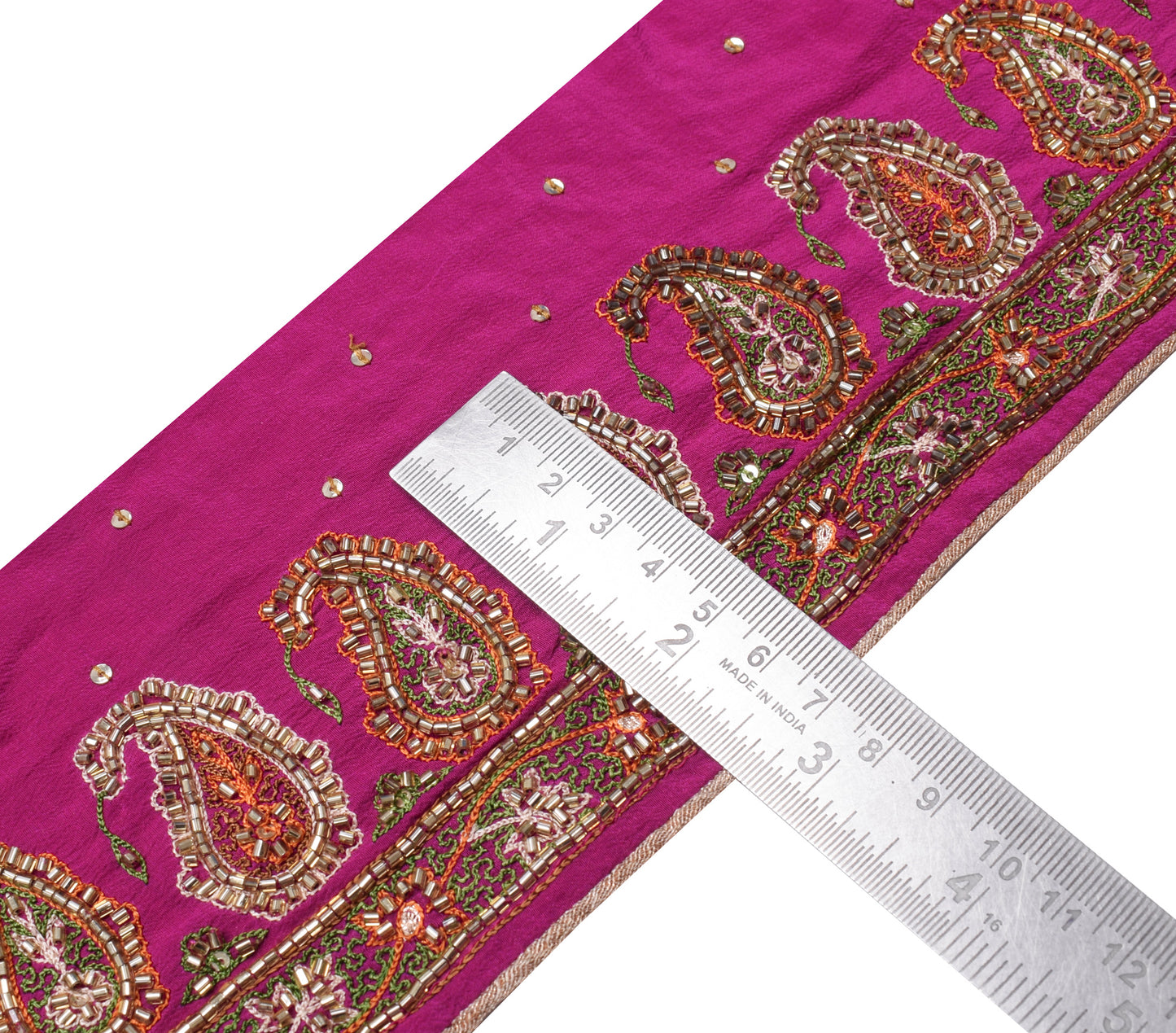 Sushila Vintage Magenta Saree Border Indian Craft Sewing Trim Hand Beaded Ribbon