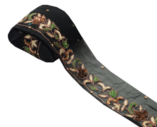 Sushila Vintage Black Saree Border Indian Craft Sewing Trim Hand Beaded Ribbon