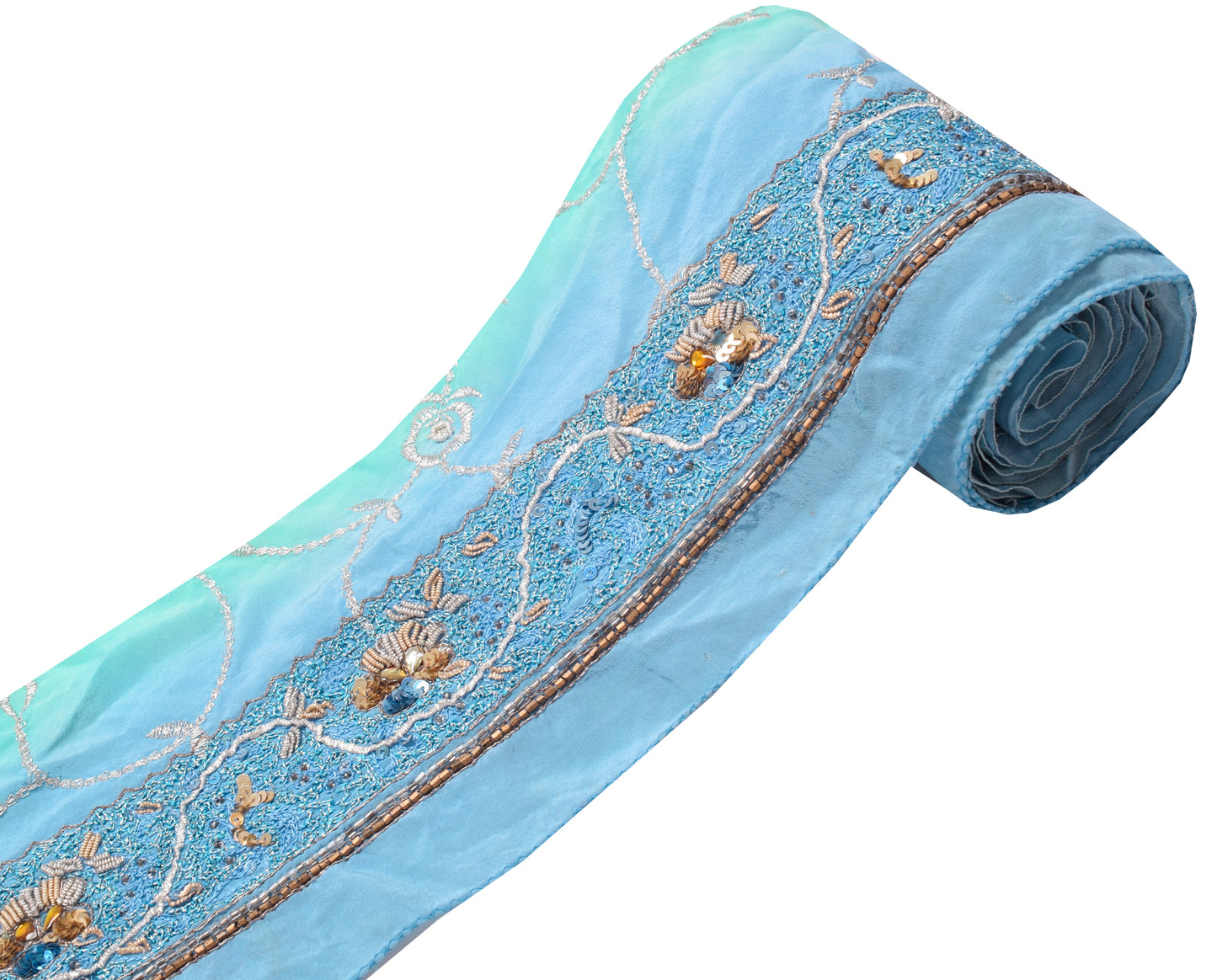 Sushila Vintage Turquoise Saree Border Indian Craft Sewing Trim Hand Beaded Lace