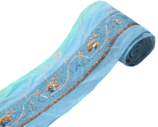 Sushila Vintage Turquoise Saree Border Indian Craft Sewing Trim Hand Beaded Lace