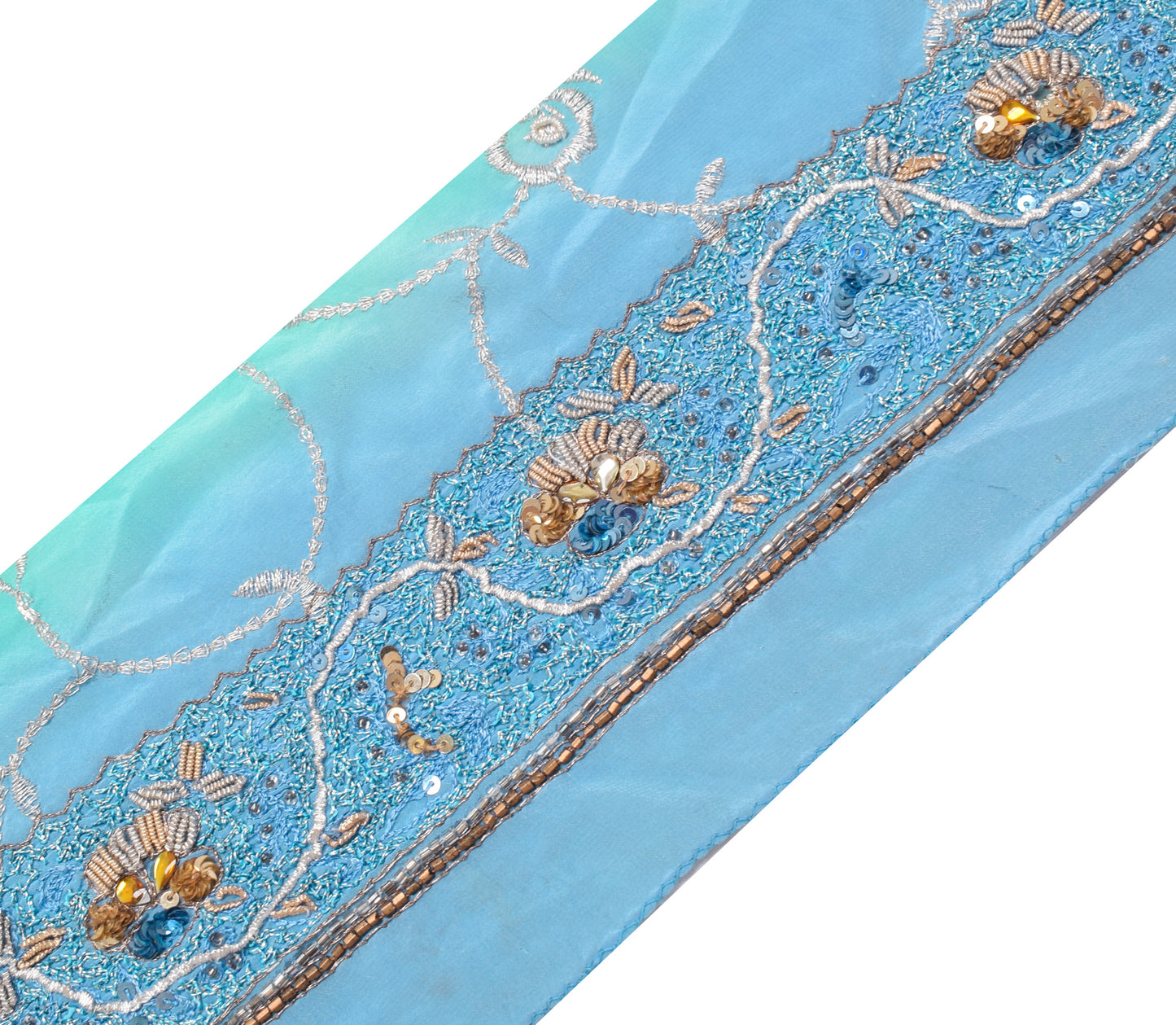 Sushila Vintage Turquoise Saree Border Indian Craft Sewing Trim Hand Beaded Lace