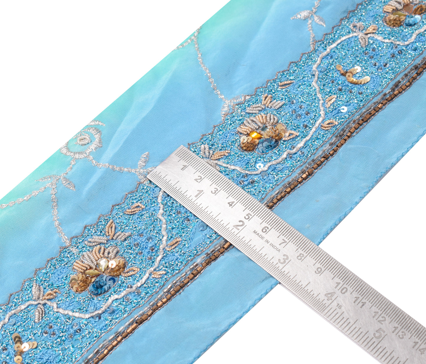 Sushila Vintage Turquoise Saree Border Indian Craft Sewing Trim Hand Beaded Lace