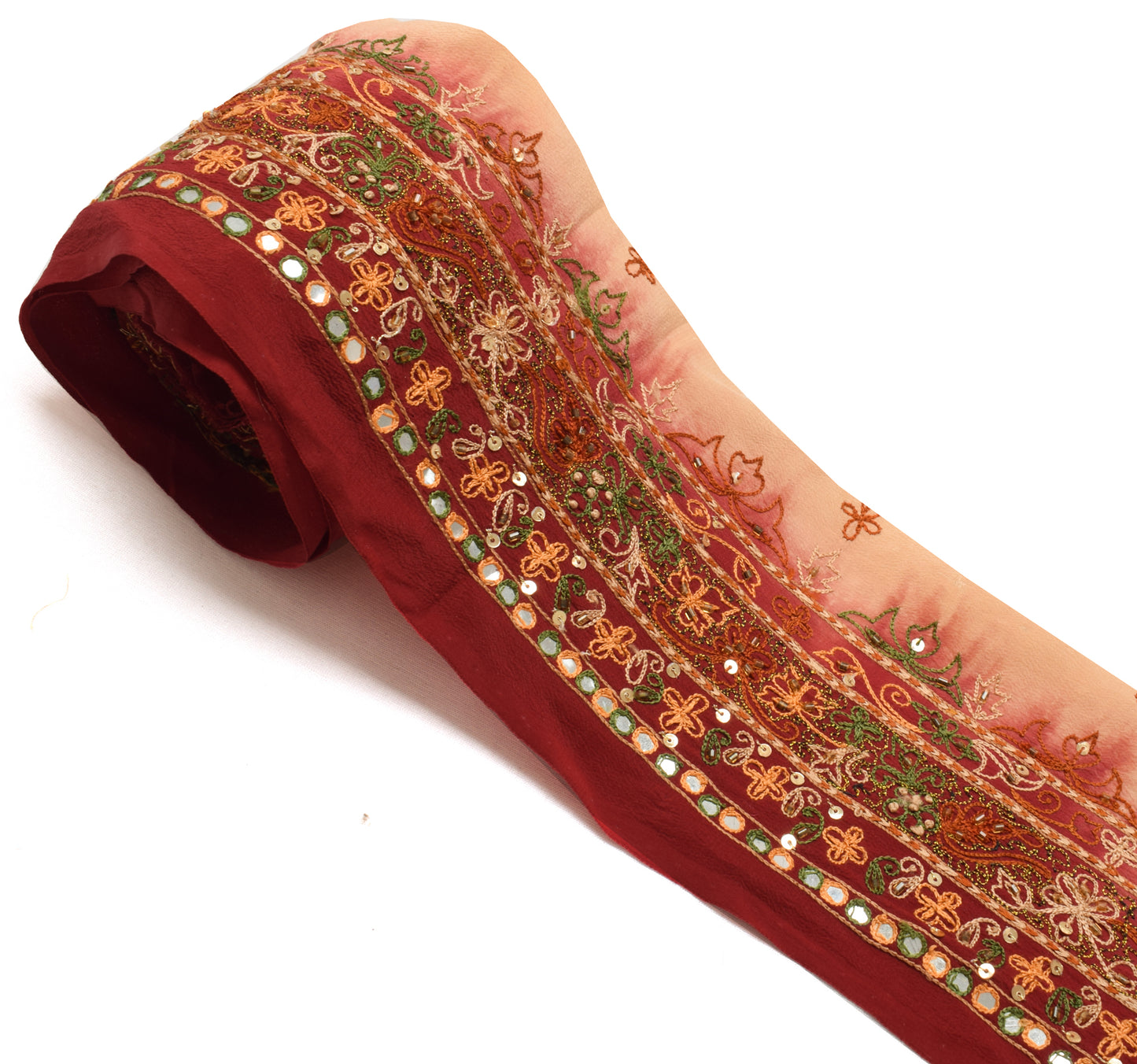 Sushila Vintage Maroon Saree Border Indian Craft Sewing Trim Hand Beaded Ribbon