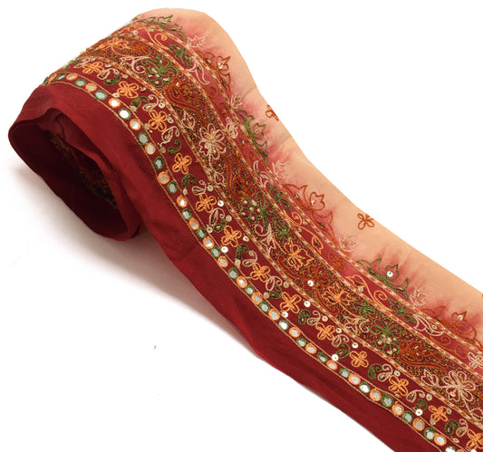 Sushila Vintage Maroon Saree Border Indian Craft Sewing Trim Hand Beaded Ribbon