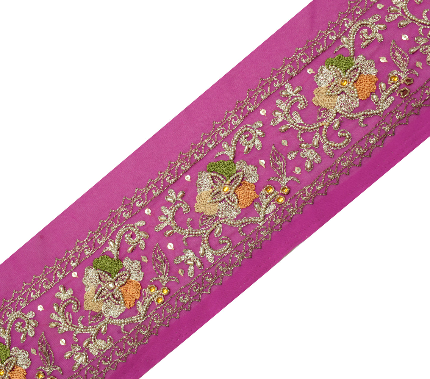Sushila Vintage Pink Saree Border Indian Craft Sewing Trim Hand Beaded Ribbon