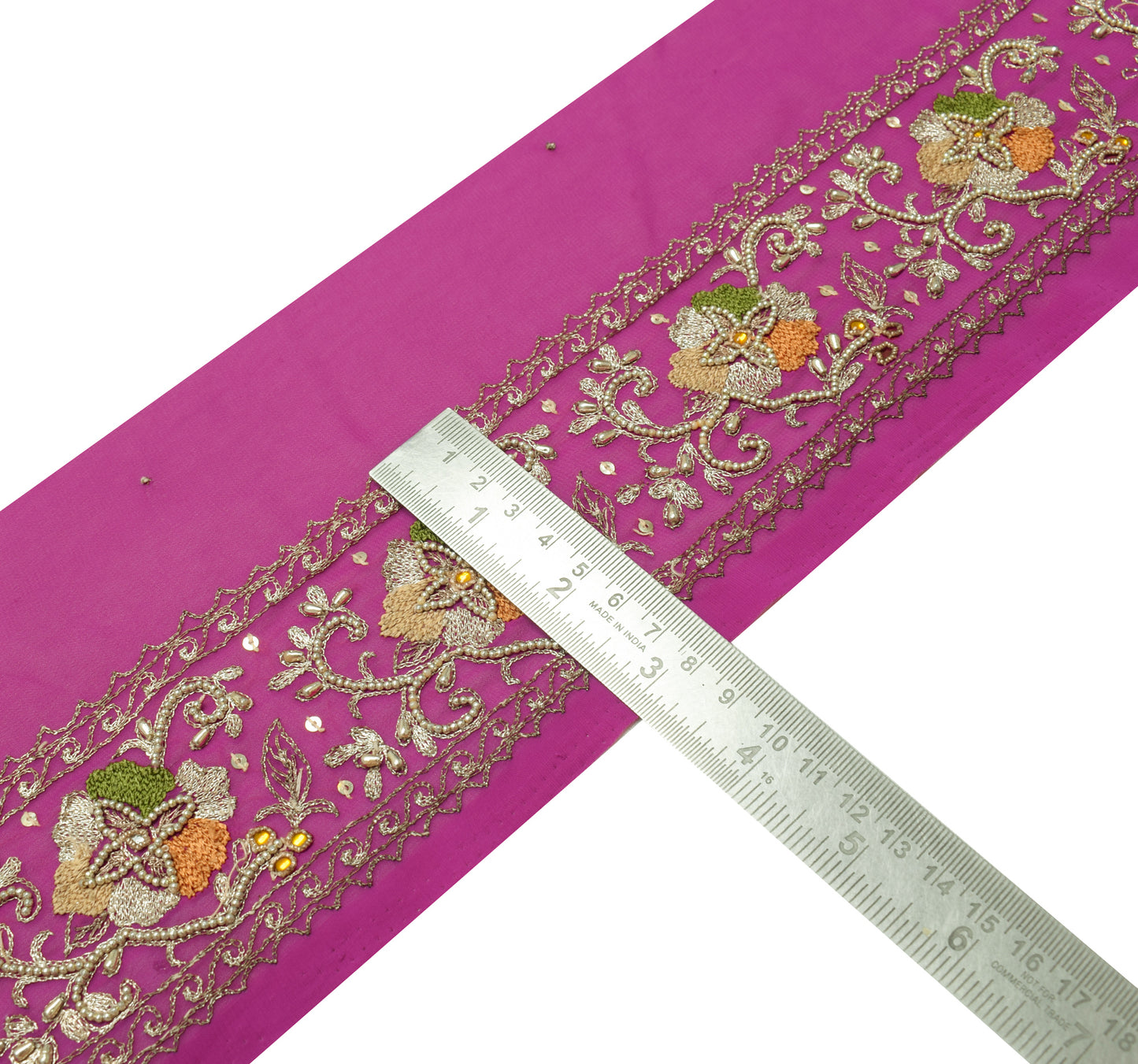 Sushila Vintage Pink Saree Border Indian Craft Sewing Trim Hand Beaded Ribbon