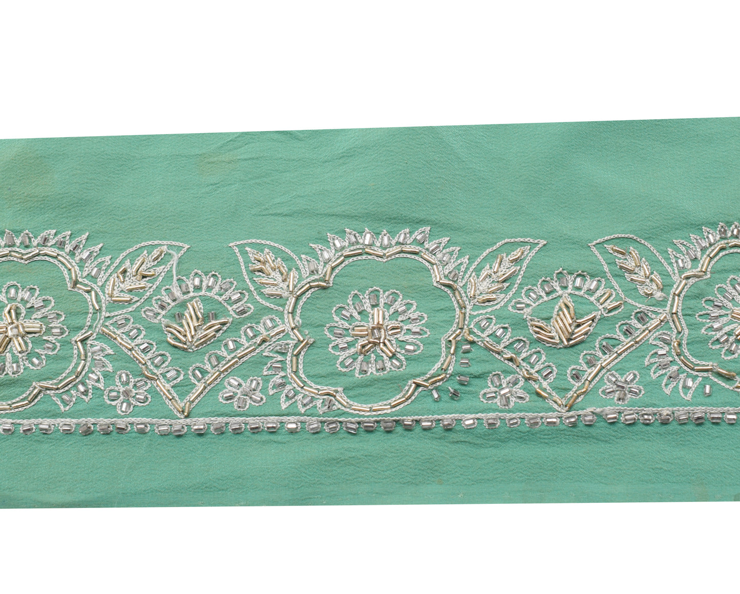 Sushila Vintage Green Saree Border Indian Craft Sewing Trim Hand Beaded Lace