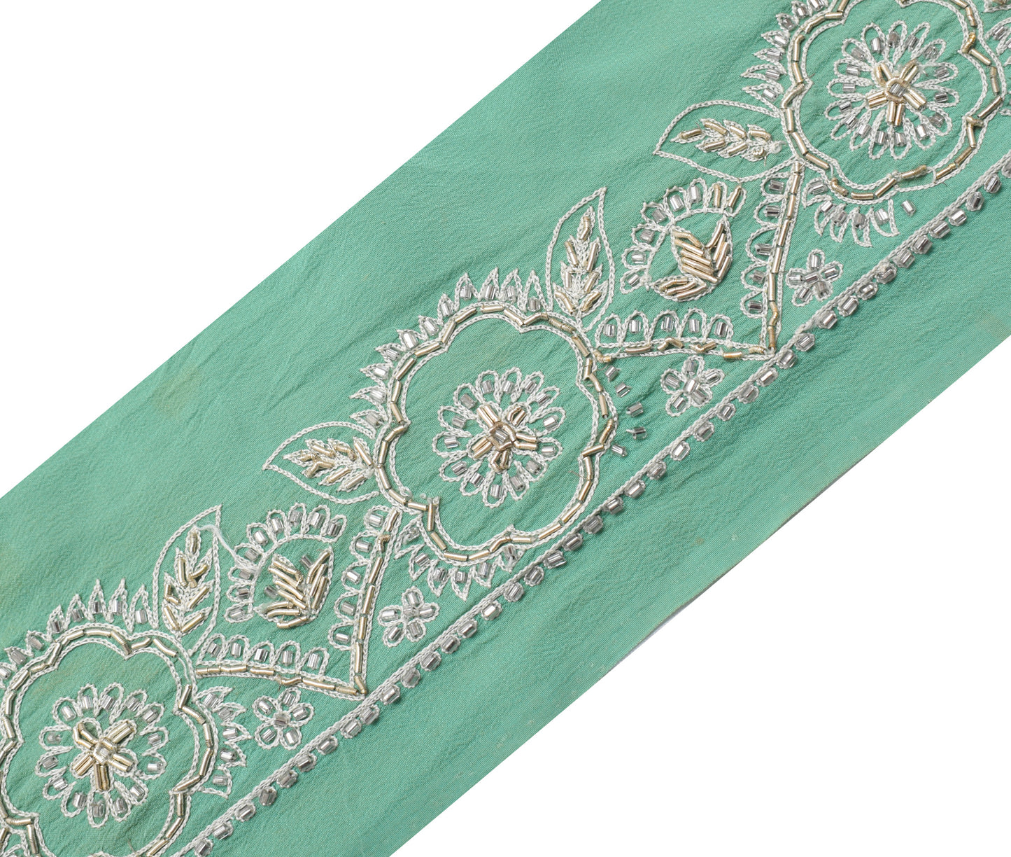 Sushila Vintage Green Saree Border Indian Craft Sewing Trim Hand Beaded Lace