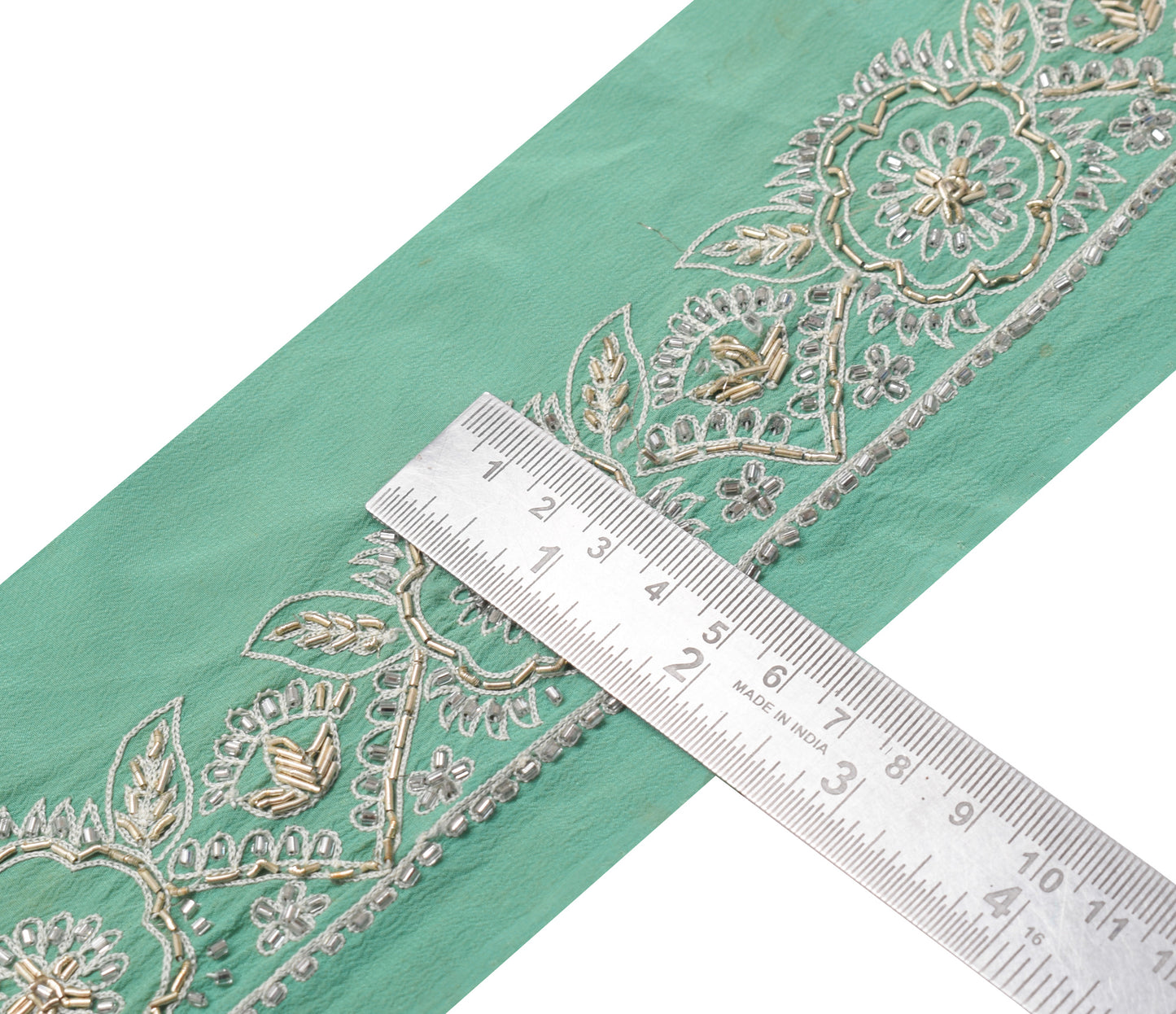 Sushila Vintage Green Saree Border Indian Craft Sewing Trim Hand Beaded Lace