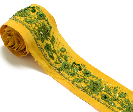 Sushila Vintage Yellow Saree Border Indian Craft Sewing Trim Hand Beaded Lace
