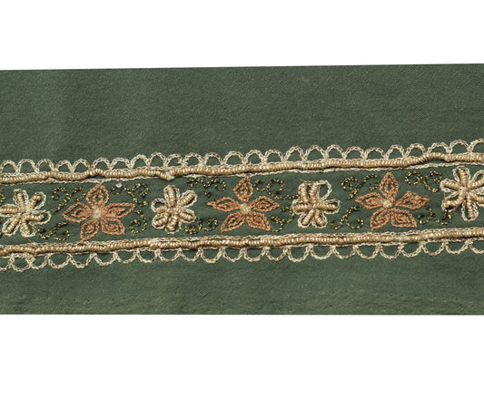 Sushila Vintage Green Saree Border Indian Craft Sewing Trim Hand Beaded Ribbon