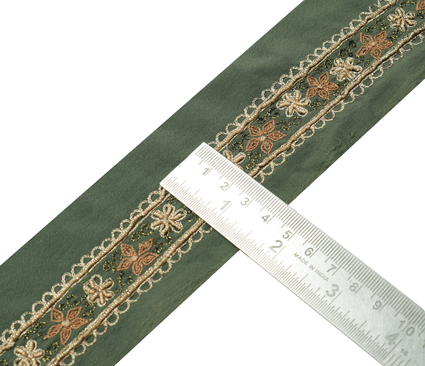 Sushila Vintage Green Saree Border Indian Craft Sewing Trim Hand Beaded Ribbon