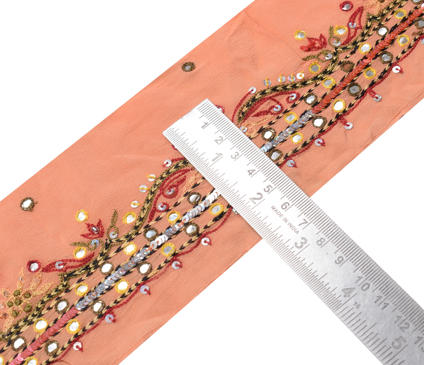 Sushila Vintage Peach Saree Border Indian Craft Sewing Trim Hand Beaded Ribbon