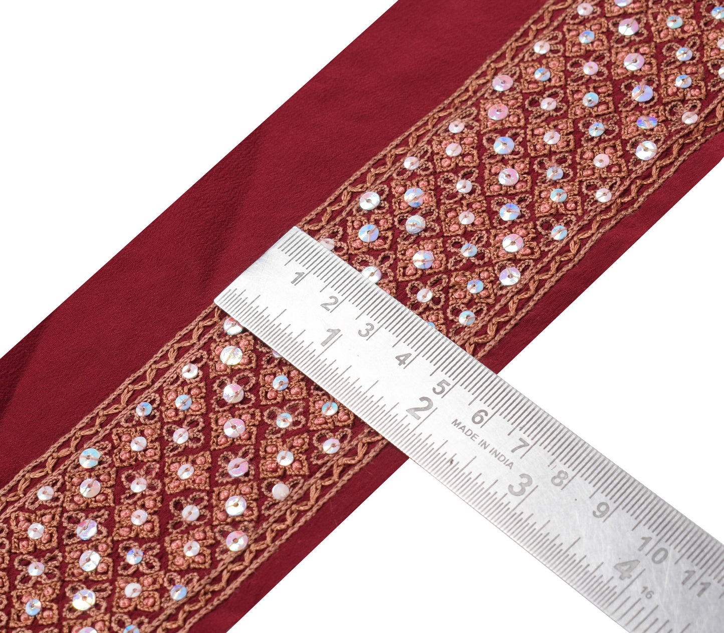 Sushila Vintage Maroon Saree Border Indian Craft Sewing Trim Hand Beaded Lace