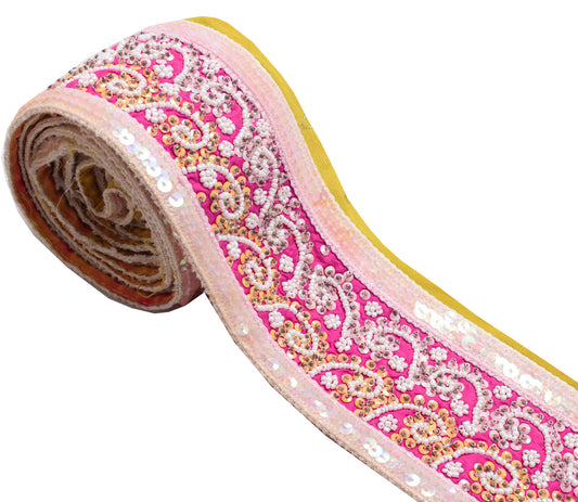 Sushila Vintage Magenta Saree Border Indian Craft Sewing Trim Hand Beaded Lace