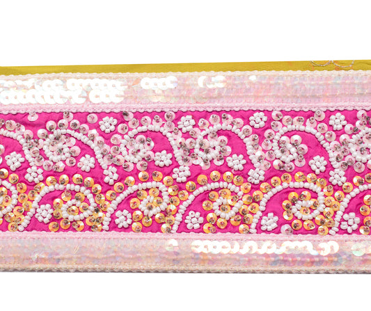 Sushila Vintage Magenta Saree Border Indian Craft Sewing Trim Hand Beaded Lace