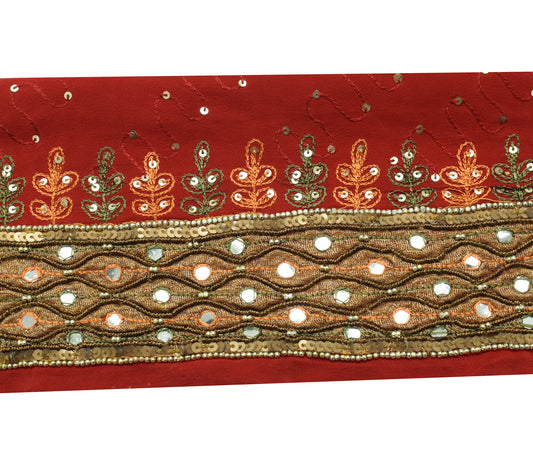 Sushila Vintage Red Saree Border Indian Craft Sewing Trim Hand Beaded Ribbon