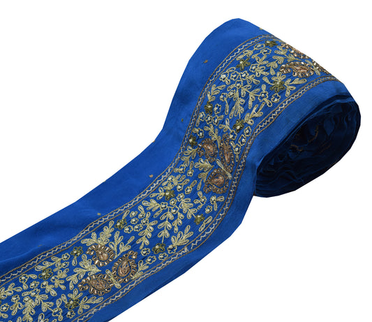 Sushila Vintage Blue Crepe Silk Saree Border Craft Sewing Trim Embroidered Lace
