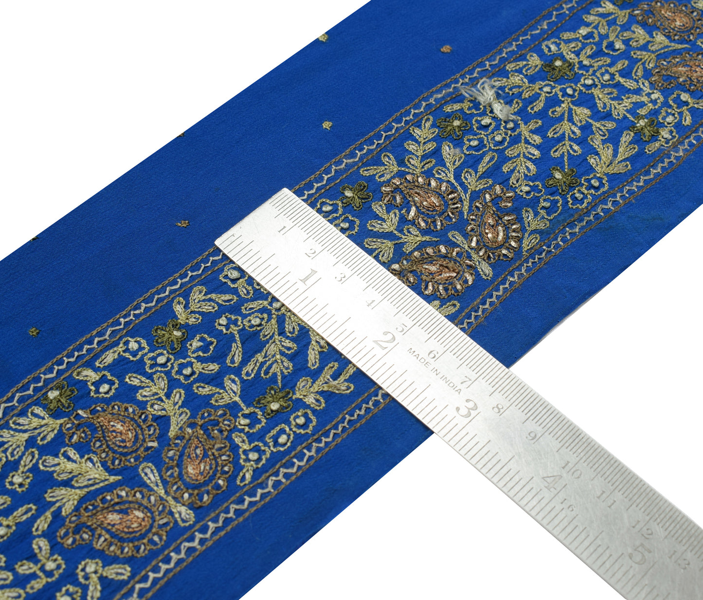 Sushila Vintage Blue Crepe Silk Saree Border Craft Sewing Trim Embroidered Lace