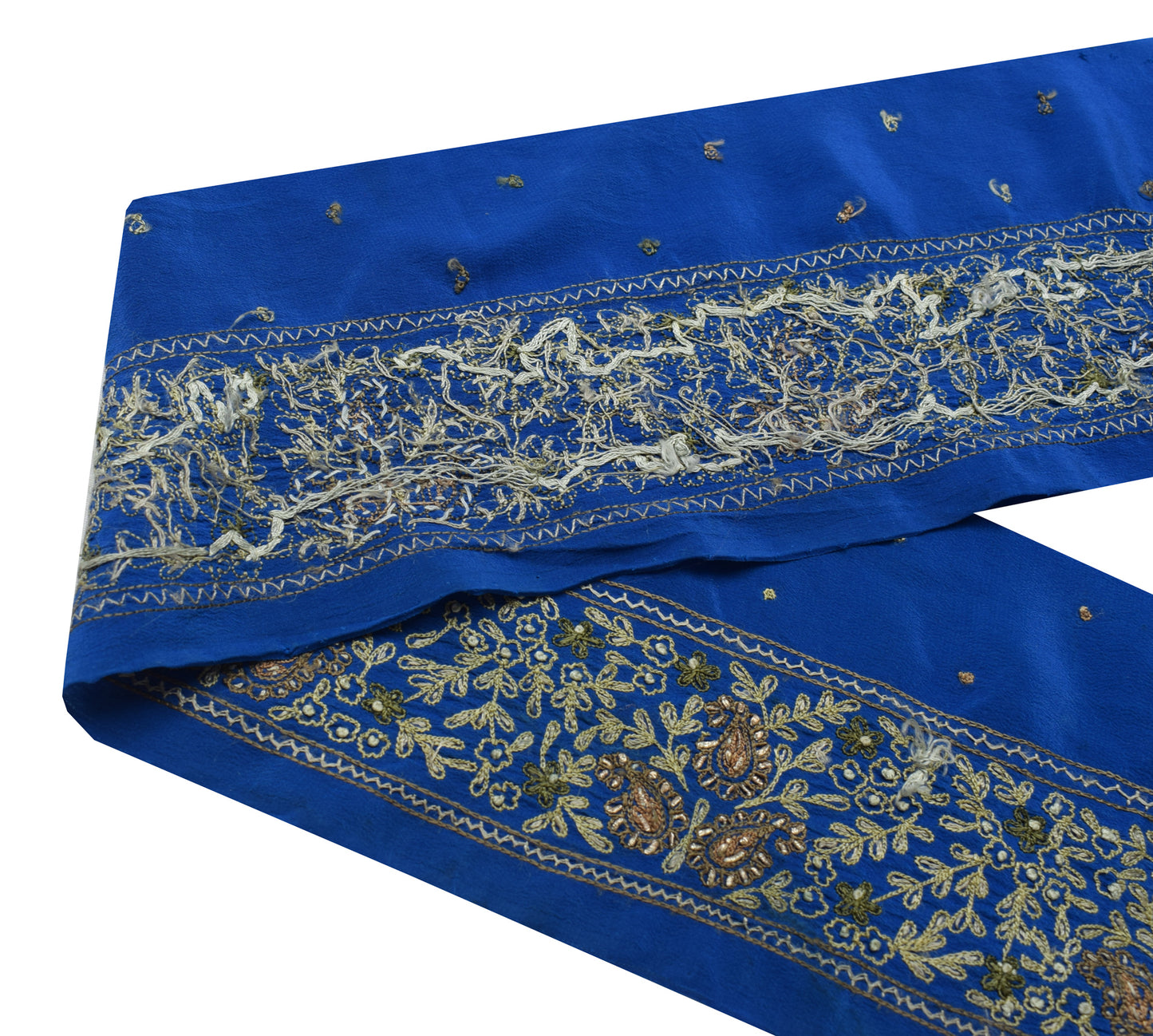 Sushila Vintage Blue Crepe Silk Saree Border Craft Sewing Trim Embroidered Lace