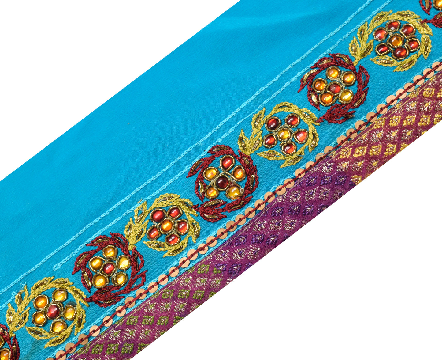Sushila Vintage Blue Silk Saree Border Indian Craft Sewing Trim Embroidered Lace