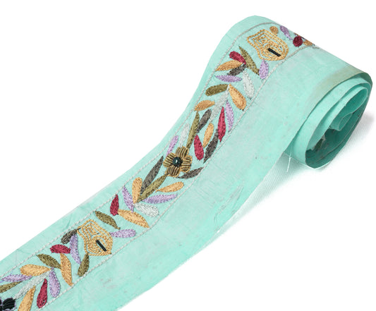 Sushila Vintage Aqua Silk Saree Border Indian Craft Sewing Trim Embroidery Lace