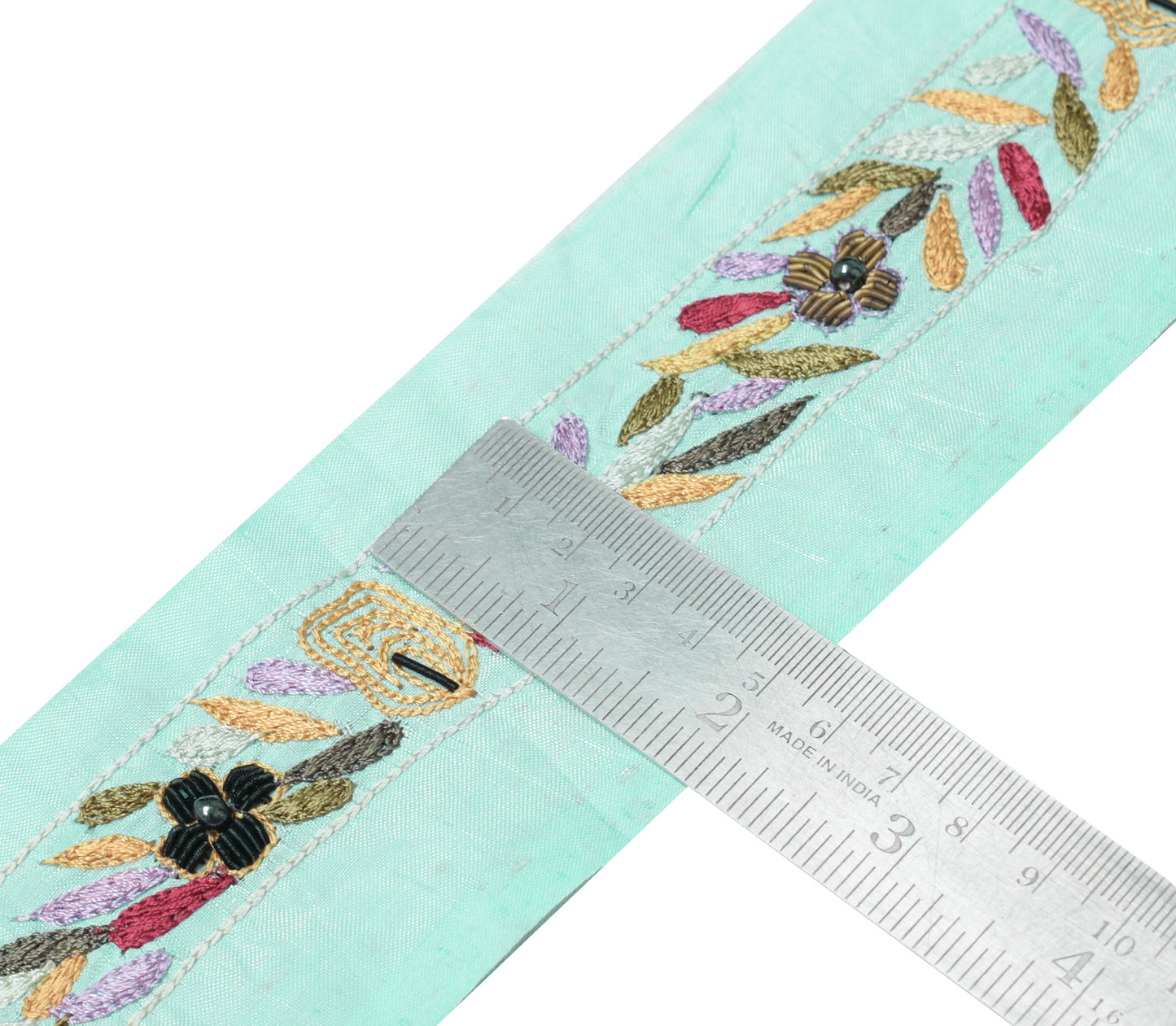 Sushila Vintage Aqua Silk Saree Border Indian Craft Sewing Trim Embroidery Lace