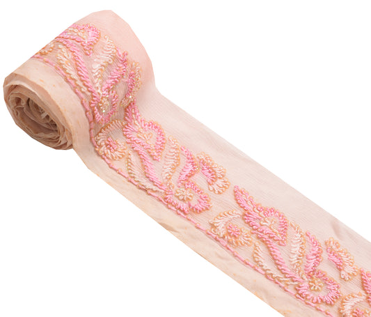 Sushila Vintage Pink Chiffon Saree Border Craft Sewing Trim Hand Beaded Lace