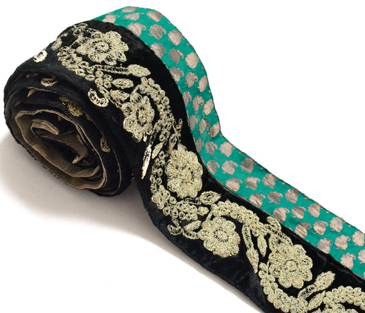 Sushila Vintage Black Saree Border Craft Sewing Trim Embroidered Velvet Ribbon