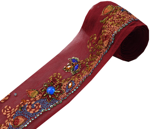 Sushila Vintage Maroon Silk Saree Border Craft Sewing Trim Hand Beaded Lace