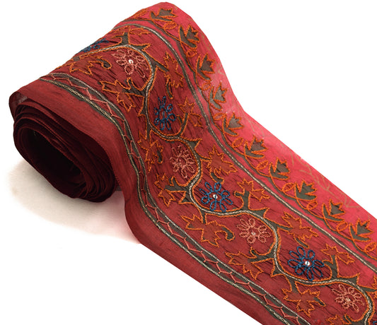 Sushila Vintage Maroon Silk Saree Border Craft Sewing Trim Embroidered Ribbon