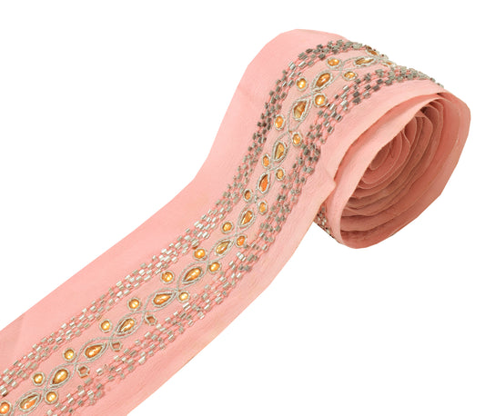 Sushila Vintage Pink Crepe Silk Saree Border Craft Sewing Trim Hand Beaded Lace