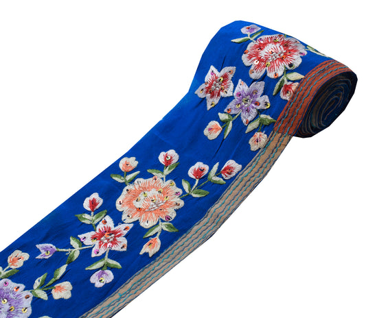 Sushila Vintage Blue Crepe Silk Saree Border Craft Sewing Trim Hand Beaded Lace