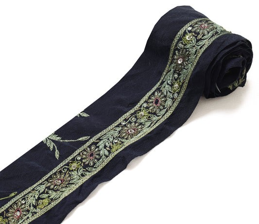Sushila Vintage Blue Saree Border Craft Sewing Trim Silk Embroidered Lace Ribbon